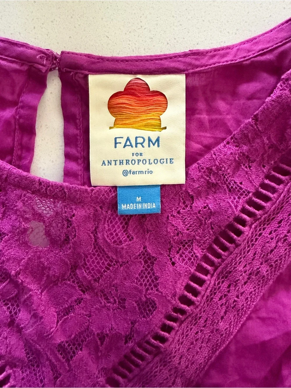 Anthropologie Farm Rio Kelsie Peasant Blouse Puff Sleeve Lace Boho Size Medium